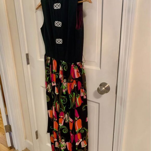 Stunning Vintage 70’s Hostess Dress Black Lily of the Valley Silky Slit Skirt - Picture 4 of 9